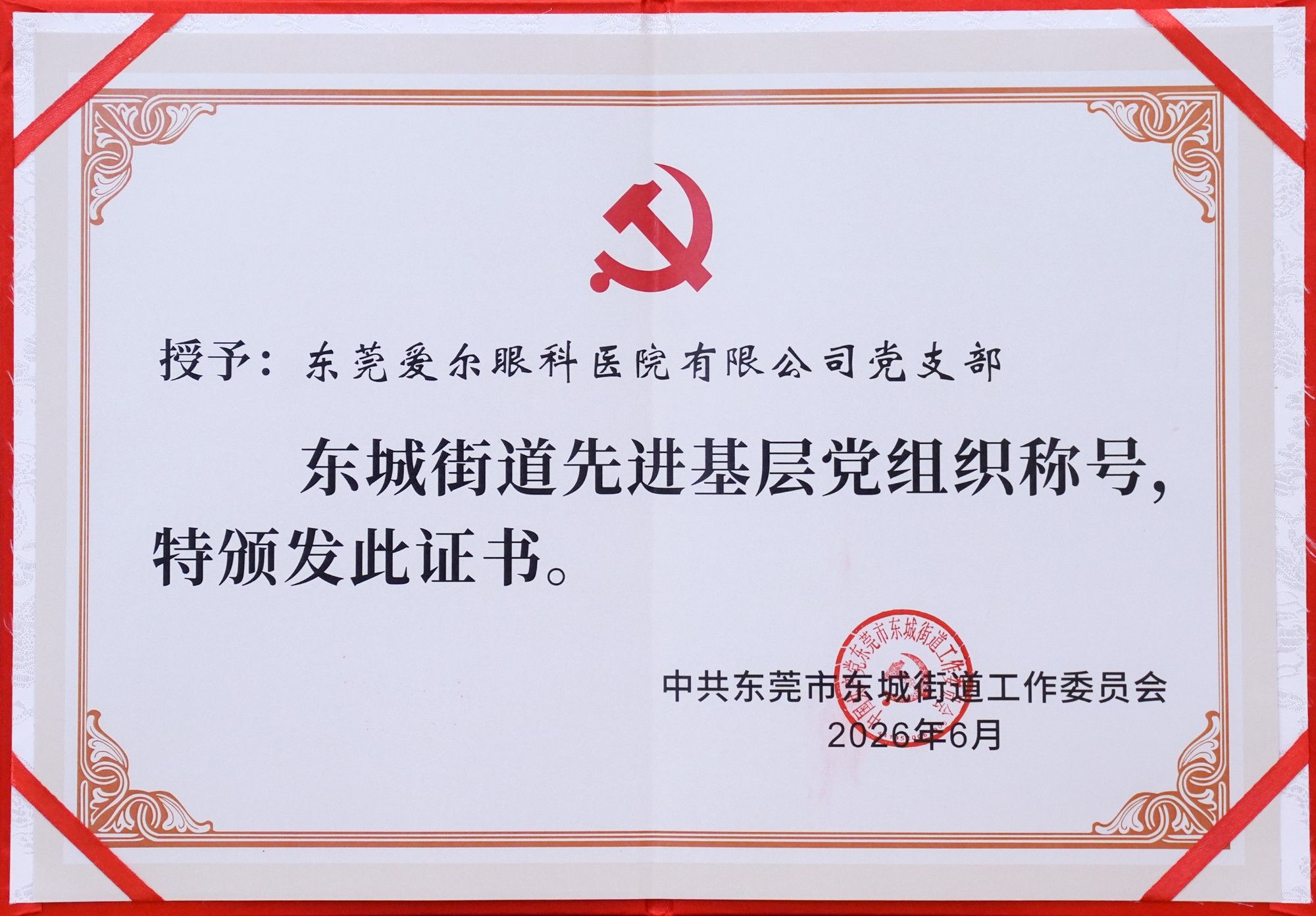 东莞爱尔眼科医院党支部荣获“先进基层党组织”光荣称号